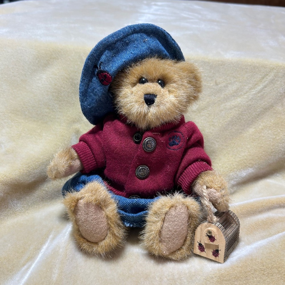 Boyds Bears Bailey Bear Plush Ladybug Denim Beret Burgundy Sweater Cottagecore
